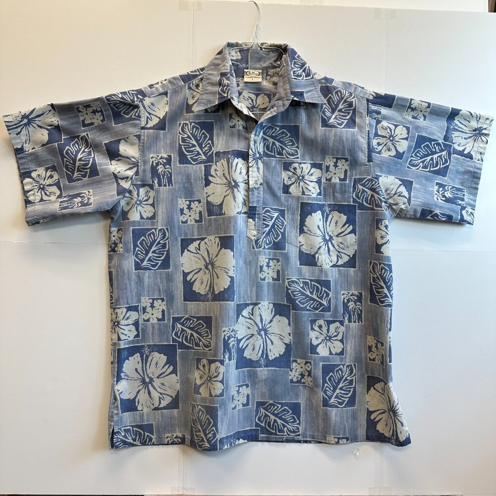 Vintage Go Barefoot Hawaiian Shirt L Half Button Pullover Blue Floral - Picture 2 of 10